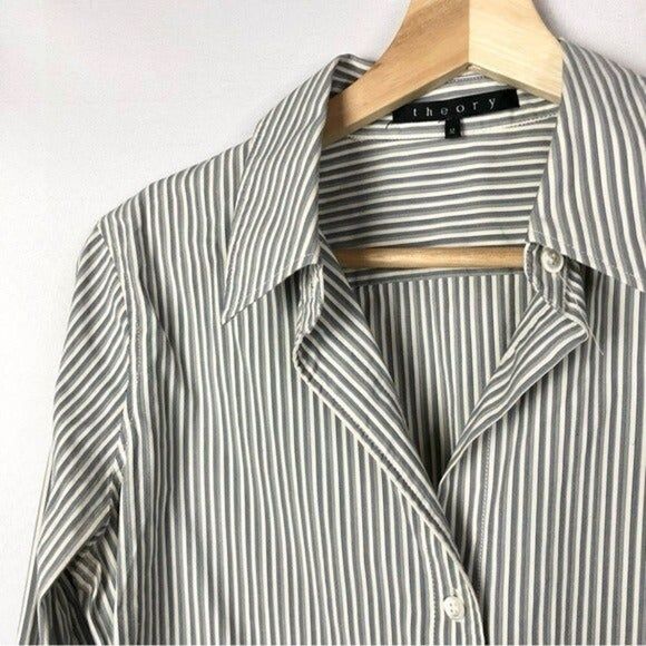 Theory Gray & White Stripe Long Sleeve Office Button Down M - Picture 3 of 3